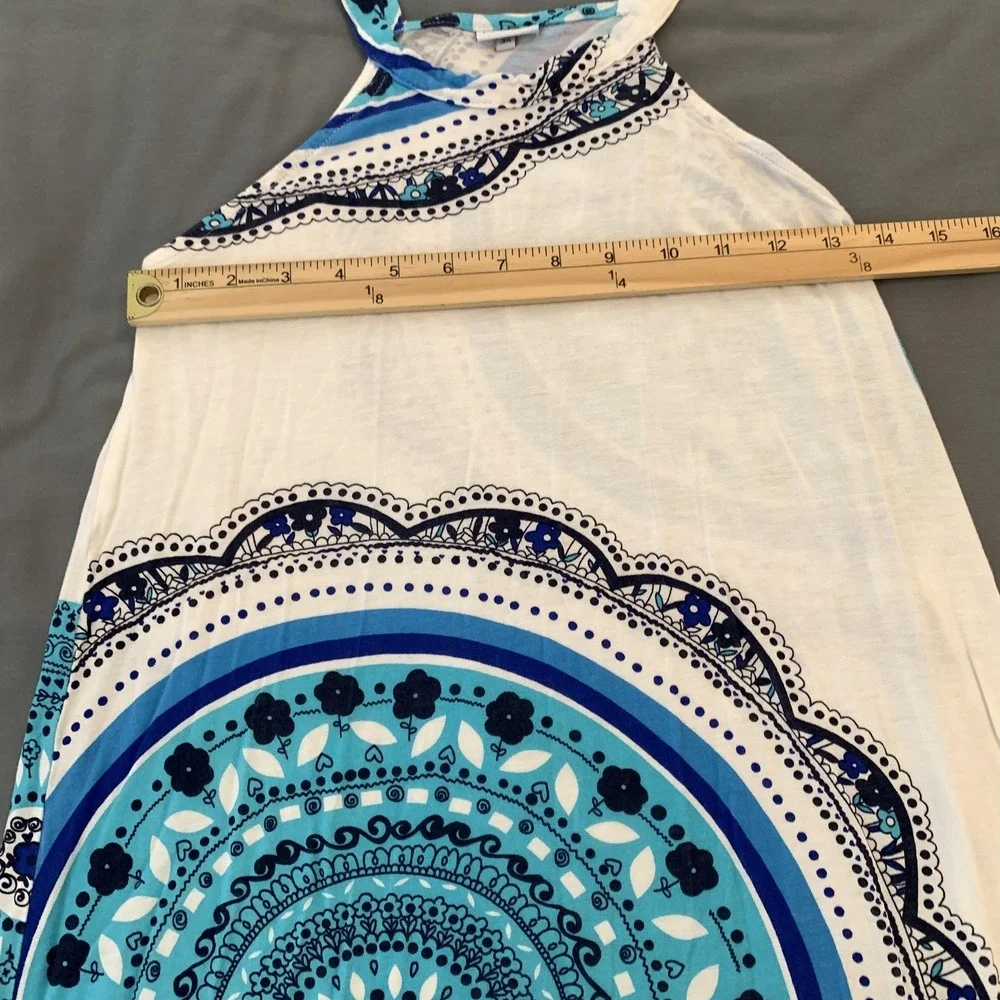 LASCANA Dress Womens 36 White Blue Halter Swing Sundress Geometric Print Cute